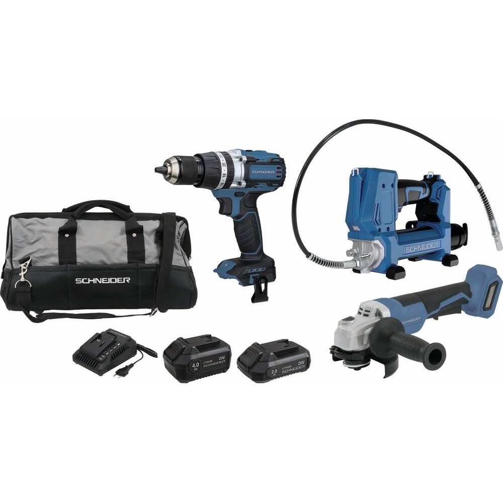 Pack 20V perceuse visseuse à percu 65Nm-pompe à graisse 690 bar-meuleuse d'angle 125mm 20V-1 batterie Li-ion 2Ah-1 batterie Li-ion 4Ah - sac de transport SCHNEIDER ELECTRO - 50947