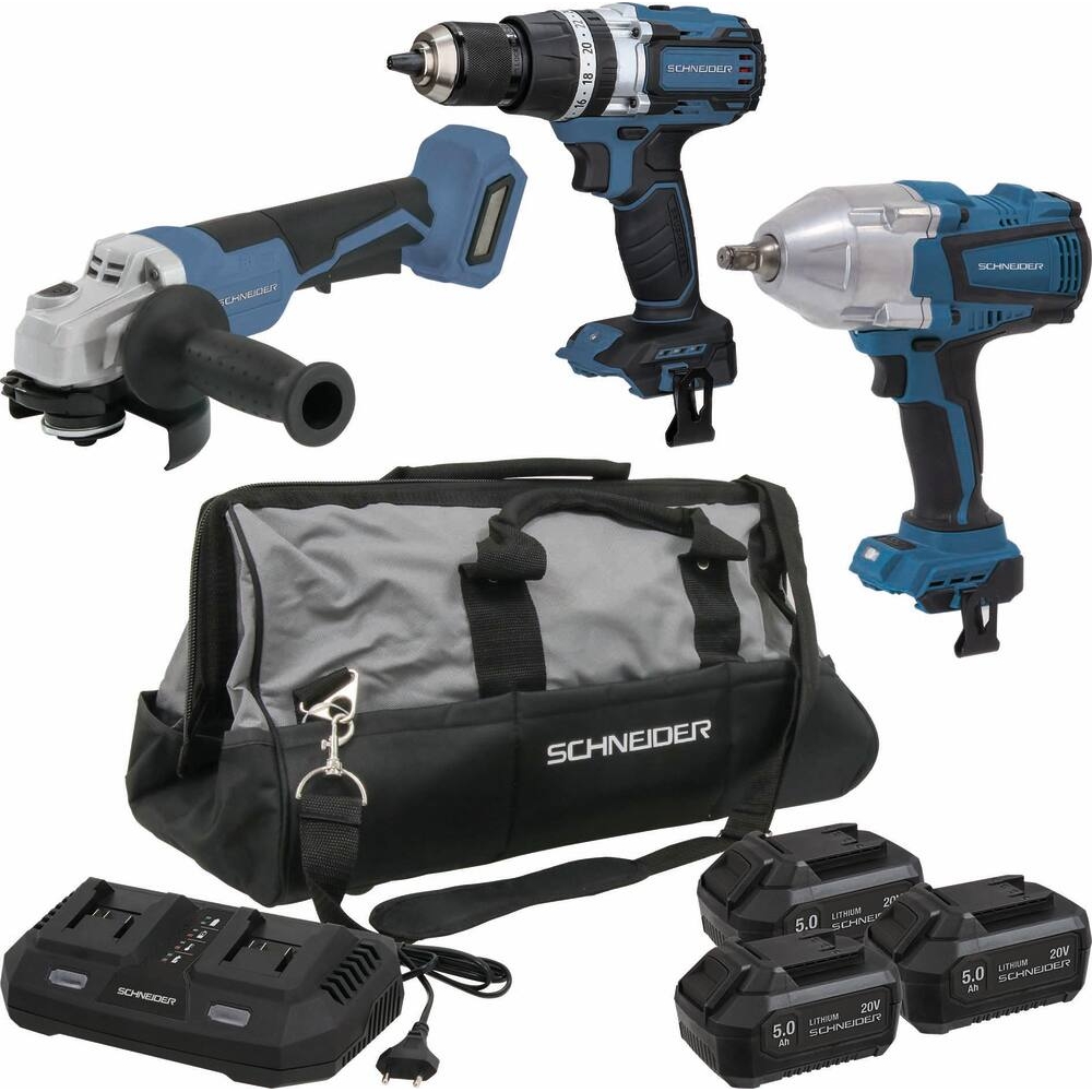 Pack 20V perceuse visseuse 65Nm-clé à chocs 1/2'' 1000/1500Nm-meuleuse d'angle 125mm-3 batteries Li-ion 5Ah-sac de transport SCHNEIDER ELECTRO - 50998