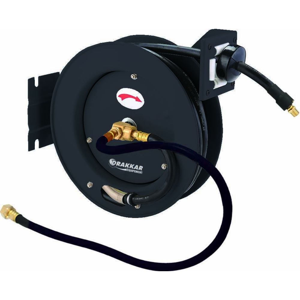 Enrouleur automatique métallique de tuyau d'air caoutchouc 10m+1m 20 bar 10x15mm DRAKKAR - 51309