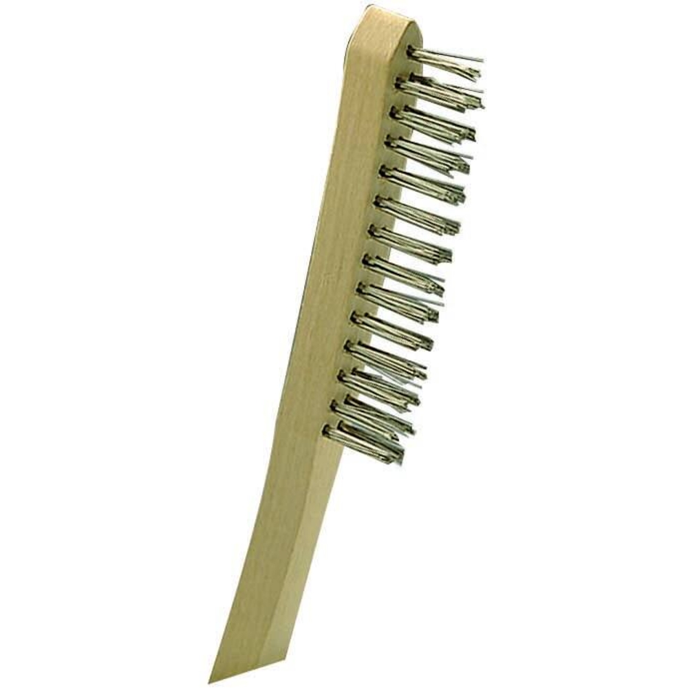 Brosse métallique fil acier laitonné 4 rangs 295mm avec manche bois incurvé WELDLINE - 55238