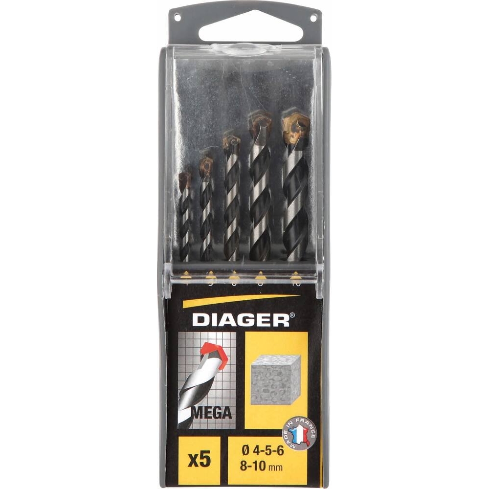 Coffret PVC de 5 forets béton queue cylindrique Ø4-5-6-8-10mm - DIAGER - 55563