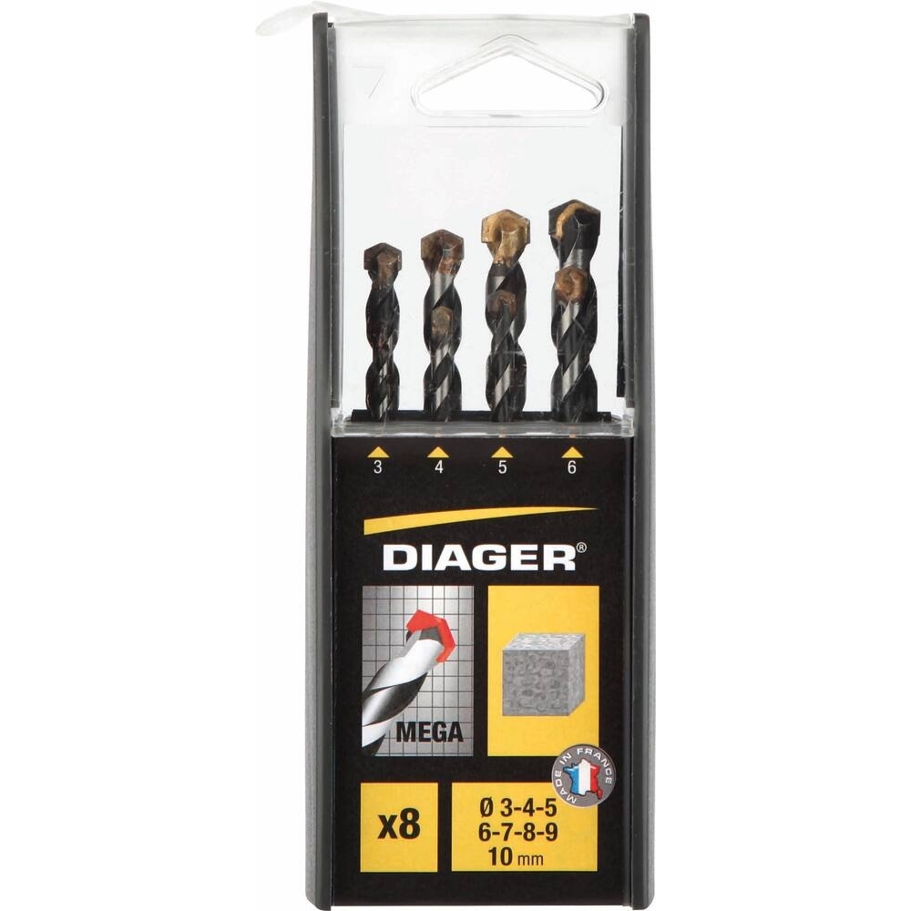 Coffret PVC de 8 forets béton queue cylindrique Ø3-4-5-6-7-8-9-10mm - DIAGER - 55564