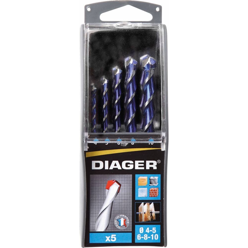 Coffret PVC de 5 forets multi-matériaux carbure queue cylindrique - Ø4-5-6-8-10mm DIAGER - 55565