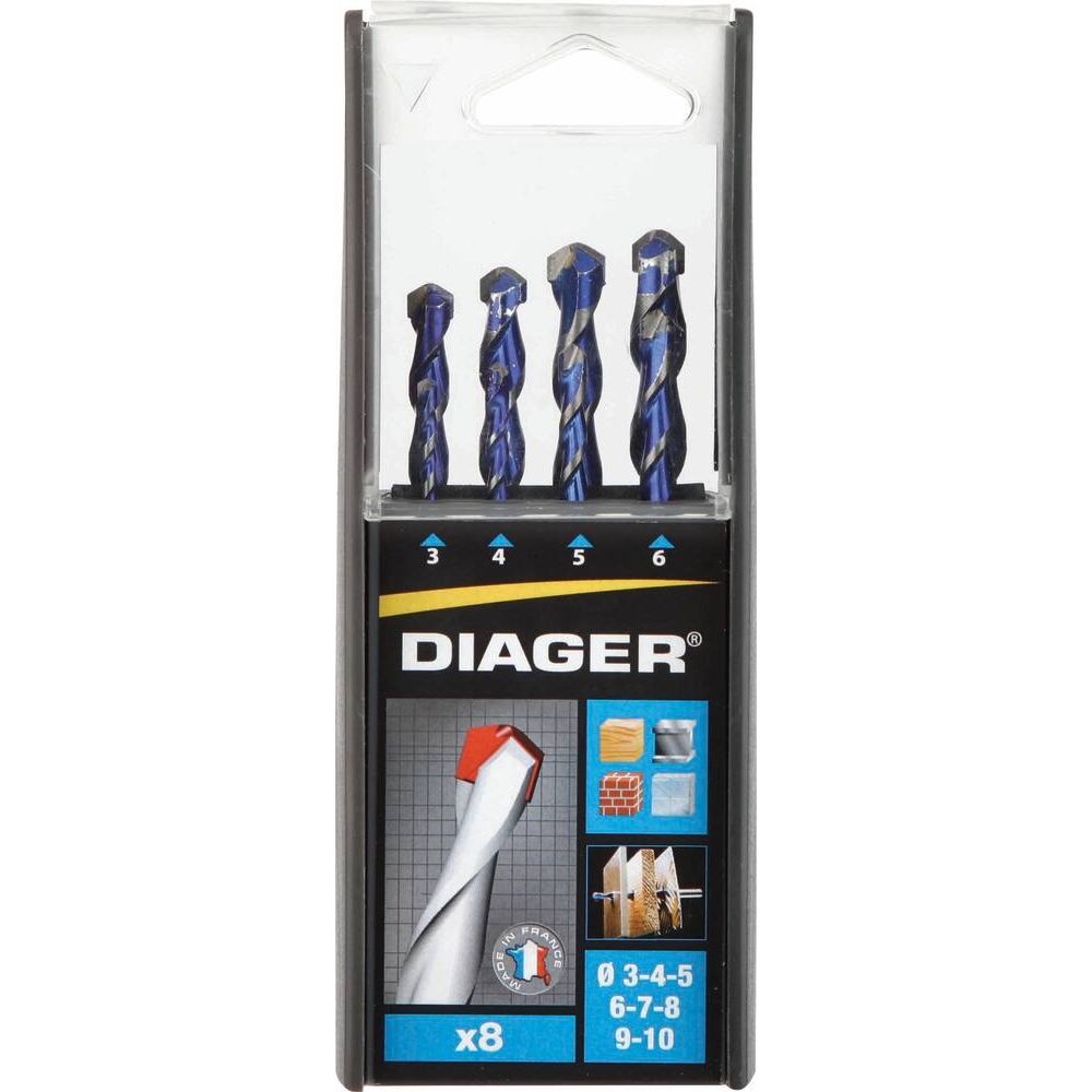 Coffret PVC de 8 forets multi-matériaux carbure queue cylindrique - diam 3-4-5-6-7-8-9-10mm DIAGER - 55566