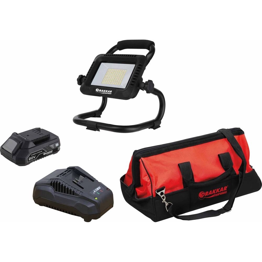 Projecteur LED 35W 5000 lumens 20V avec 1 batterie 2Ah Li-ion - chargeur - sac de transport - DRAKKAR EQUIPEMENT - 55942