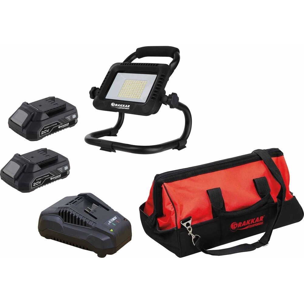 Projecteur LED 35W 5000 lumens 20V avec 2 batteries 2Ah Li-ion - chargeur - sac de transport - DRAKKAR EQUIPEMENT - 55944
