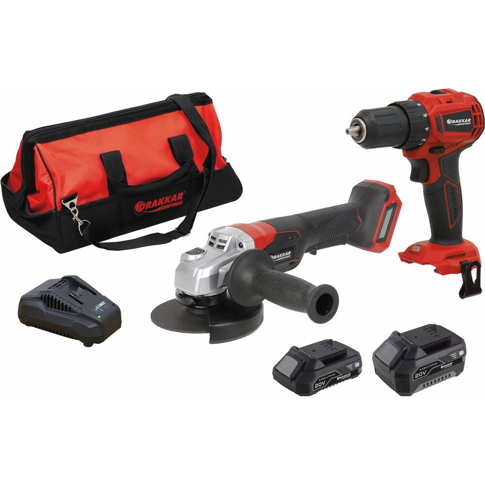 Pack 20V perceuse visseuse 40Nm-meuleuse 125mm-2 batteries Li-ion 5Ah et 2Ah - sac de transport DRAKKAR - 55952