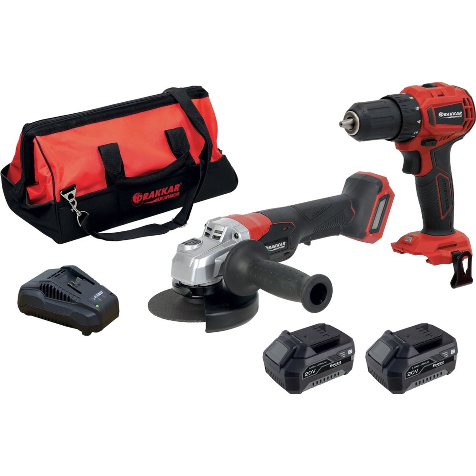 Pack 20V perceuse visseuse 40Nm-meuleuse 125mm-2 batteries Li-ion 5Ah - sac de transport DRAKKAR EQUIPEMENT - 55955