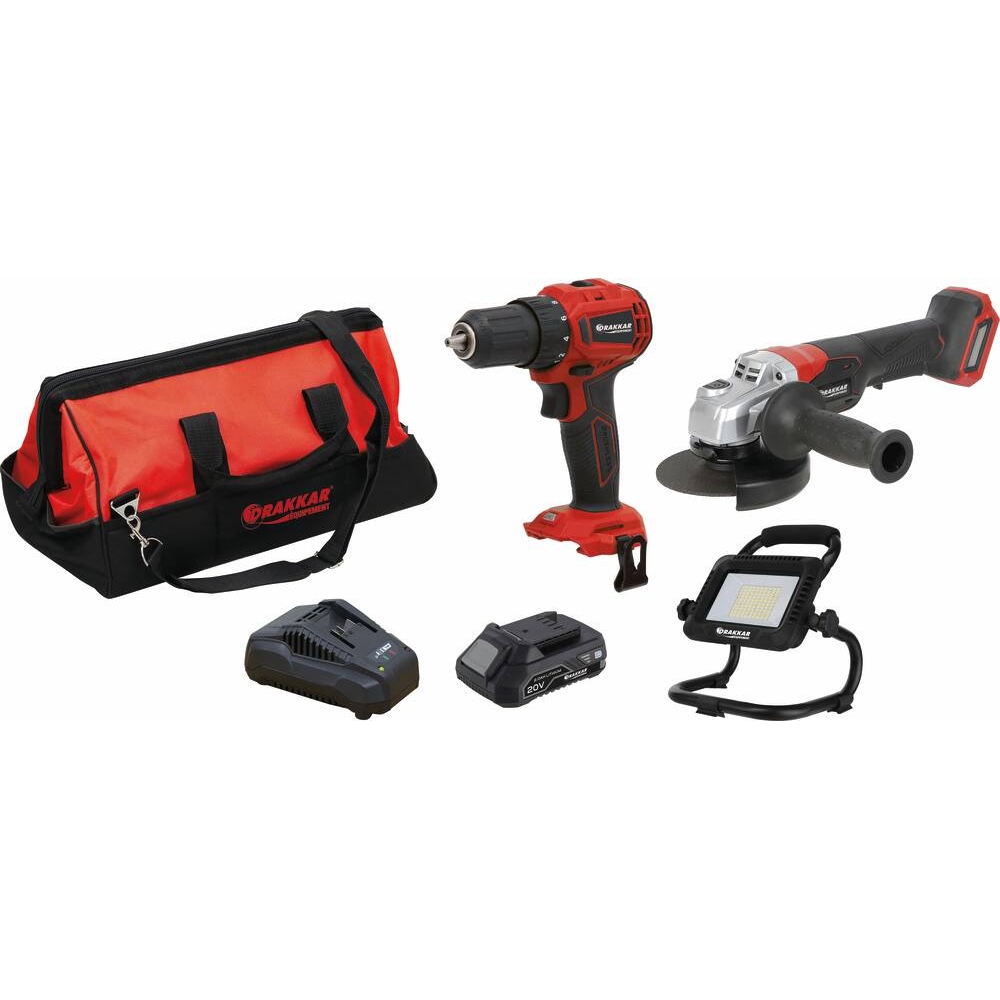 Pack 20V perceuse 40Nm-meuleuse 125mm- projecteur-2 batteries 2Ah Li-ion-sac de transport DRAKKAR - 55960