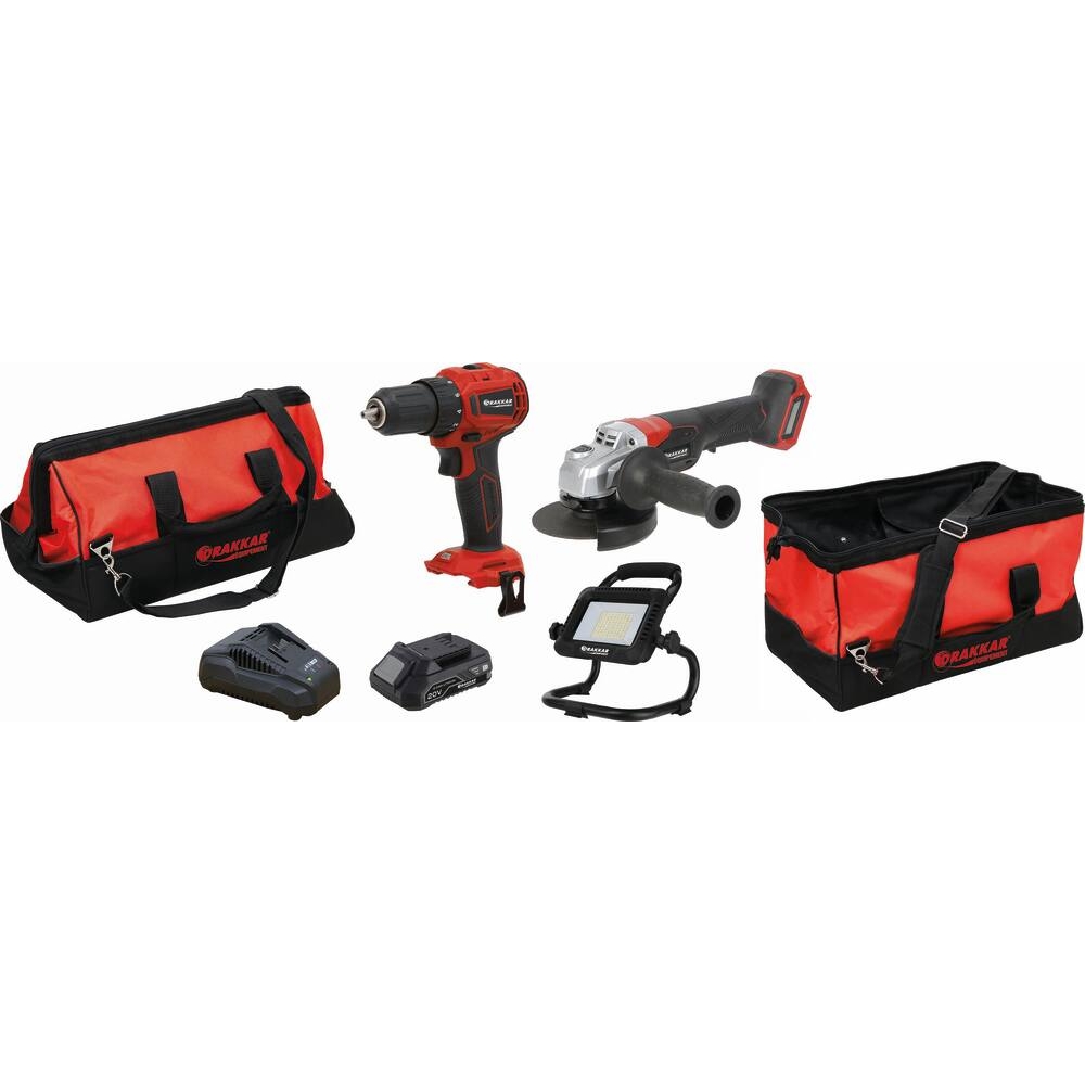 Pack 20V perceuse 40Nm-meuleuse 125mm-projecteur-2 batteries 4Ah Li-ion-sac de transport DRAKKAR - 55962