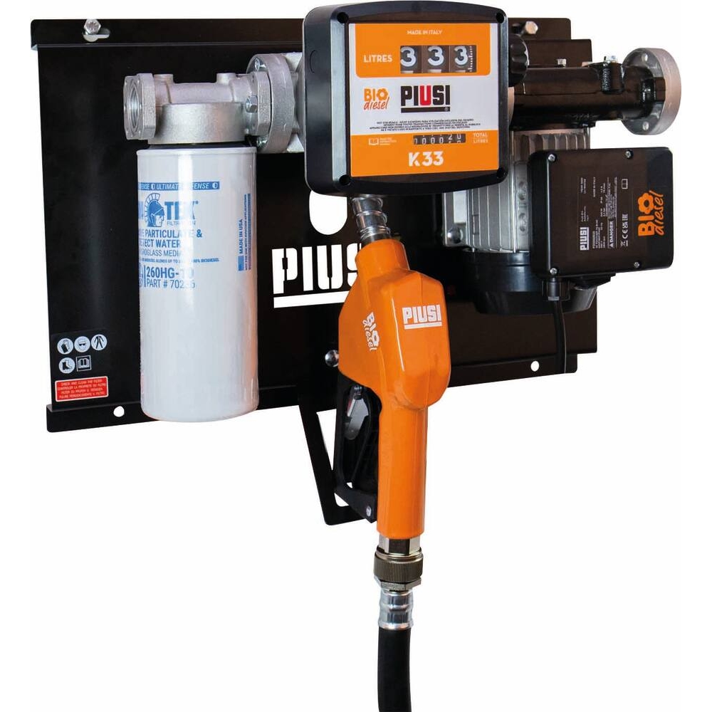 Pompe à gasoil 230V 72 l/min avec pistolet automatique/volucompteur/filtre absorption d'eau/Biodiesel B100 - station murale PIUSI - 56152
