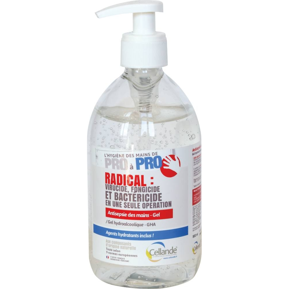 Gel hydroalcoolique virucide EN 14476 - flacon de 500ml avec pompe CELLANDE - 57510