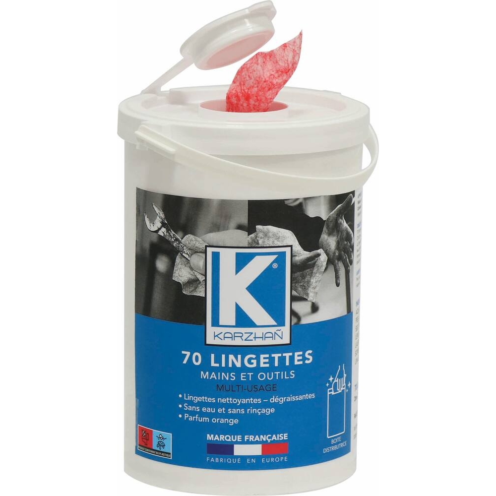 Lingettes nettoyantes mains 310x270mm - pot distributeur de 70 lingettes KARZHAN - 57555