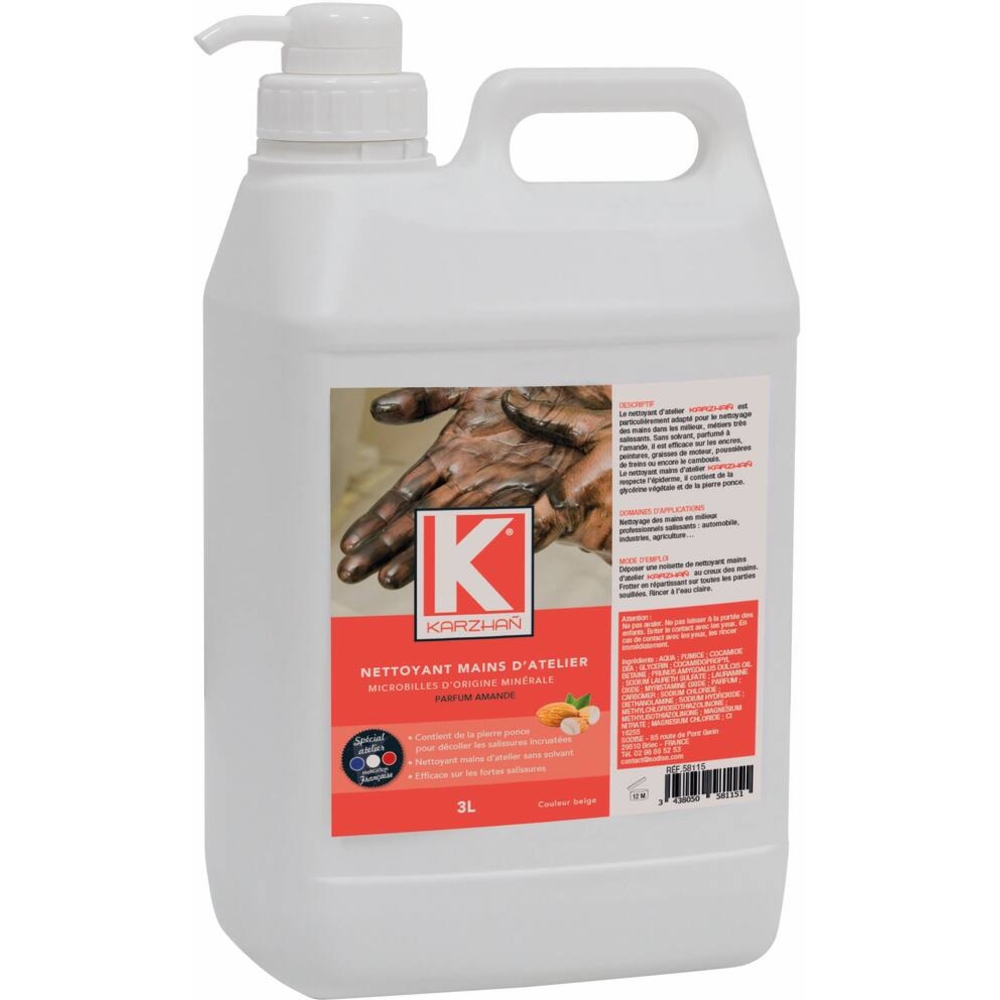 Nettoyant mains d'atelier rouge parfum amande - bidon de 3L avec pompe KARZHAN - 58115