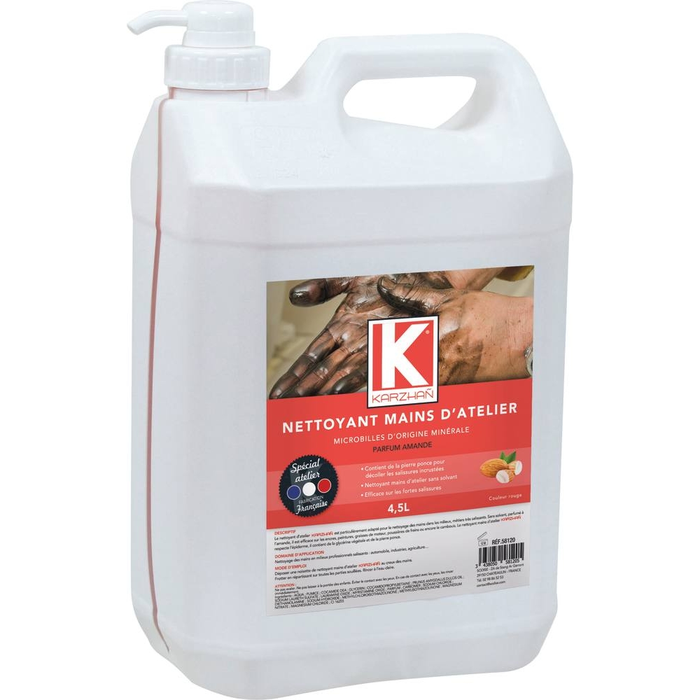 Nettoyant mains d'atelier rouge parfum amande - bidon de 4,5L avec pompe KARZHAN - 58120