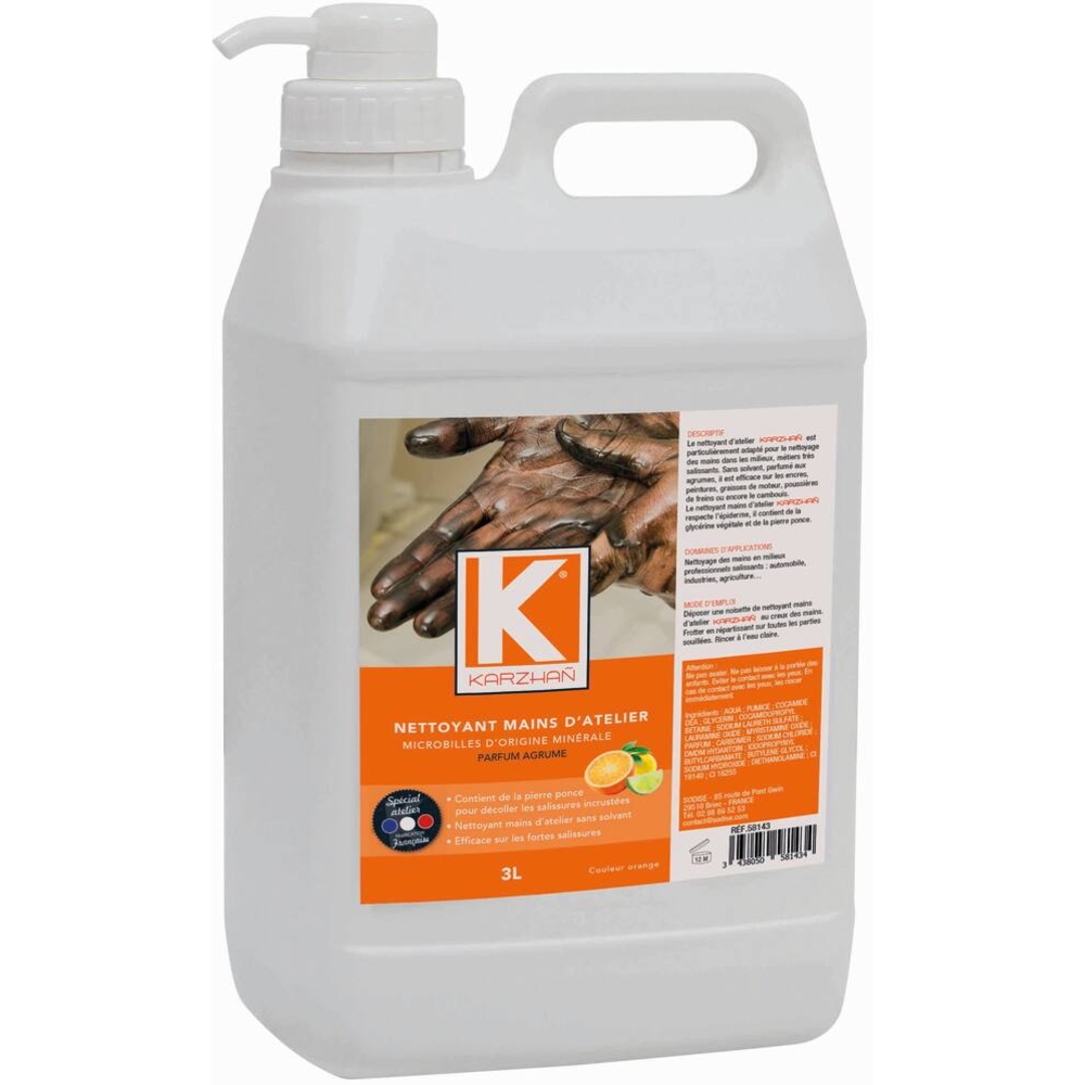 Nettoyant mains d'atelier orange parfum agrumes - bidon de 3L avec pompe KARZHAN - 58143