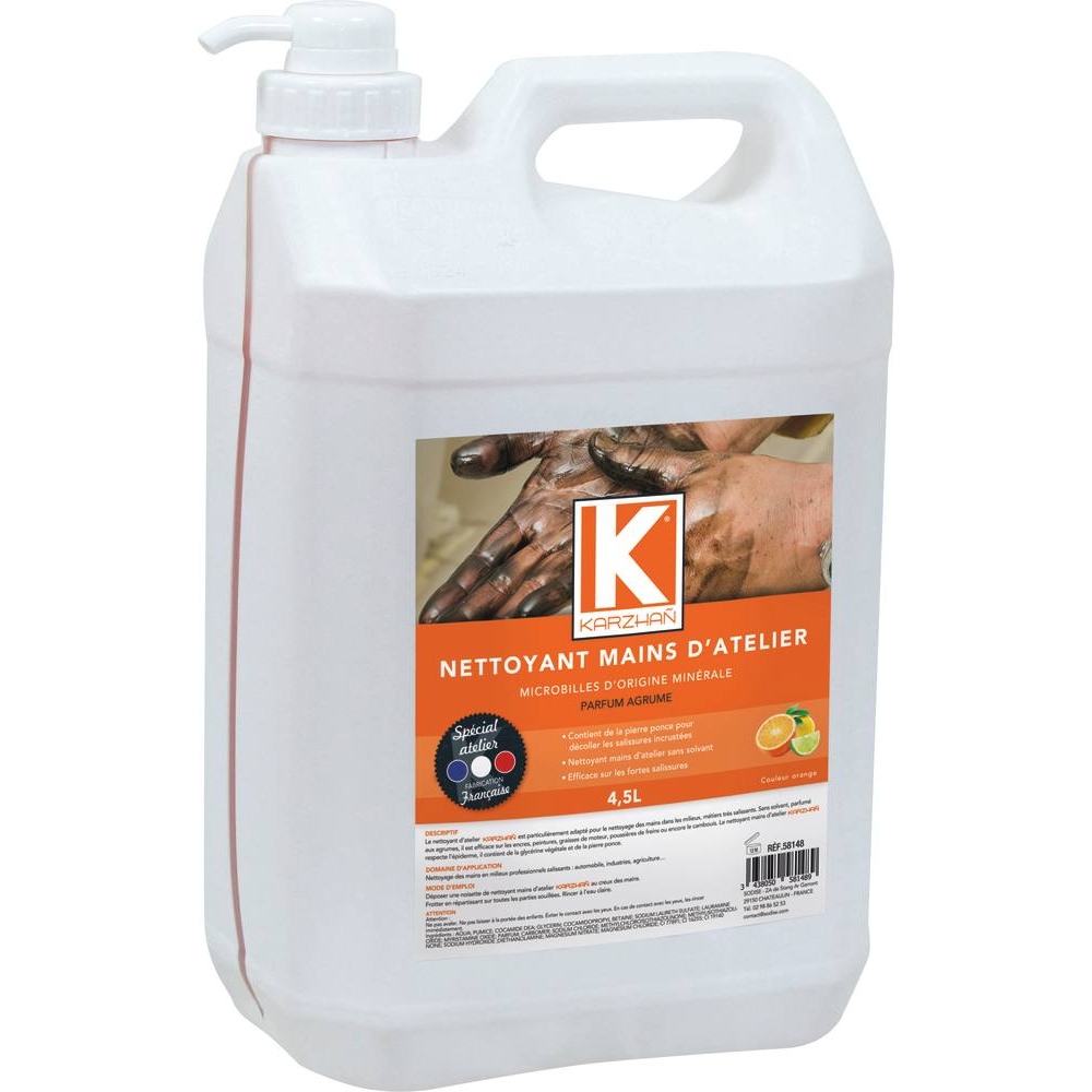 Nettoyant mains d'atelier orange parfum agrumes - bidon de 4,5L avec pompe KARZHAN - 58148