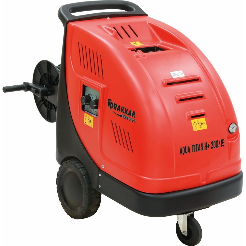 Nettoyeur HP eau chaude 380V 15 l/min 200 bar avec enrouleur 20m et lance turbo et total stop DRAKKAR - 64808