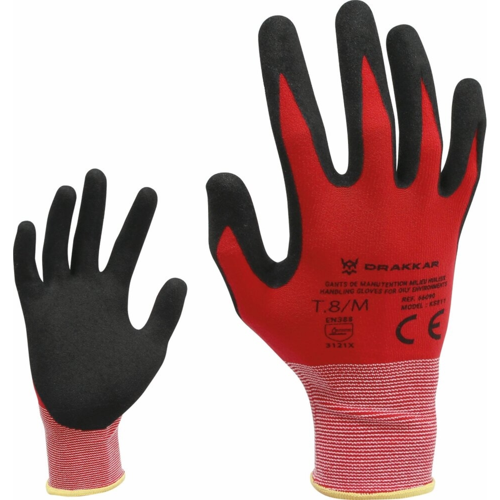 Gants de manutention en milieux huileux enduit nitrile rouge - DRAKKAR