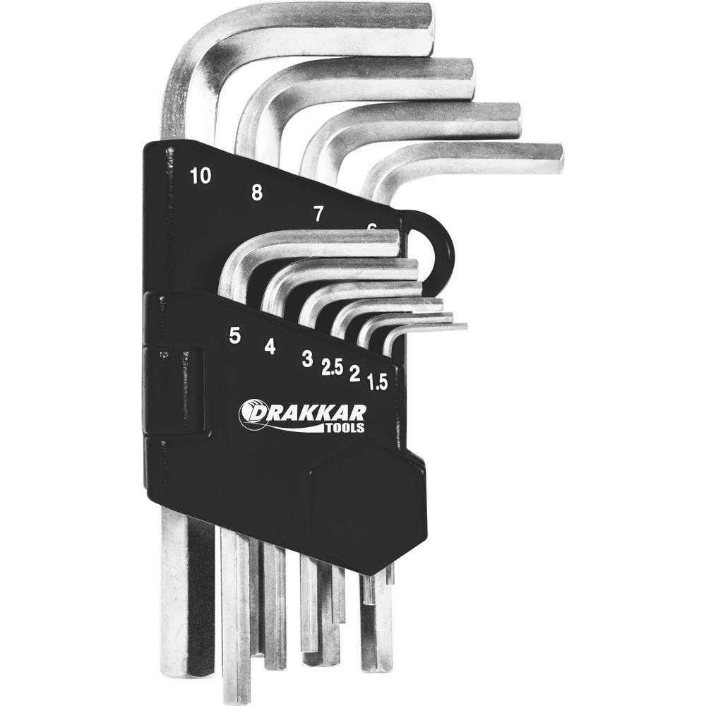 Clés mâles coudées hexagonales courtes de 1,5 à 10mm - étui pivotant de 10 pcs sur carte DRAKKAR TOOLS - 68417