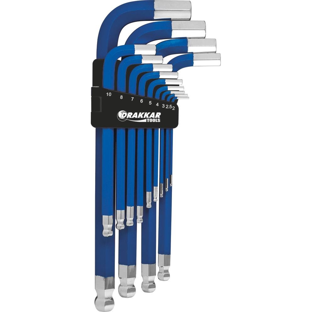 Clés mâles coudées hexagonales longues magnétiques de 2 à 19mm - étui pivotant de 13 pcs sur carte DRAKKAR TOOLS - 68421