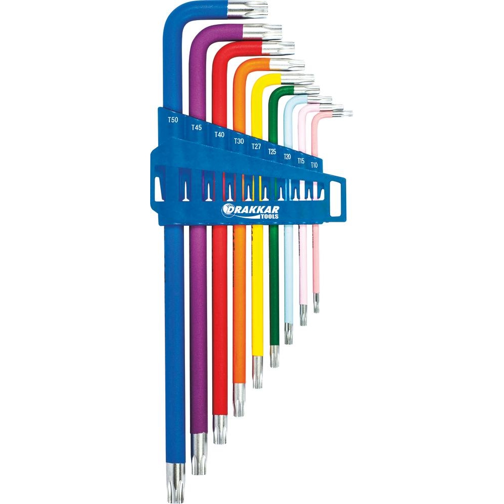 Clés Torx alésées extra longues de TT10 à TT50 - étui de 9 pcs sur carte DRAKKAR TOOLS - 68425