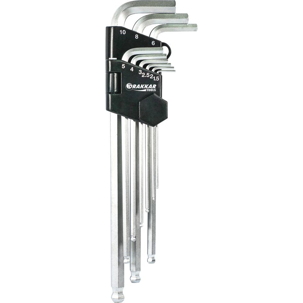 Clés mâles coudées hexagonales extra longues magnétiques de 1,5 à 10mm - étui pivotant de 9 pcs DRAKKAR TOOLS - 68430