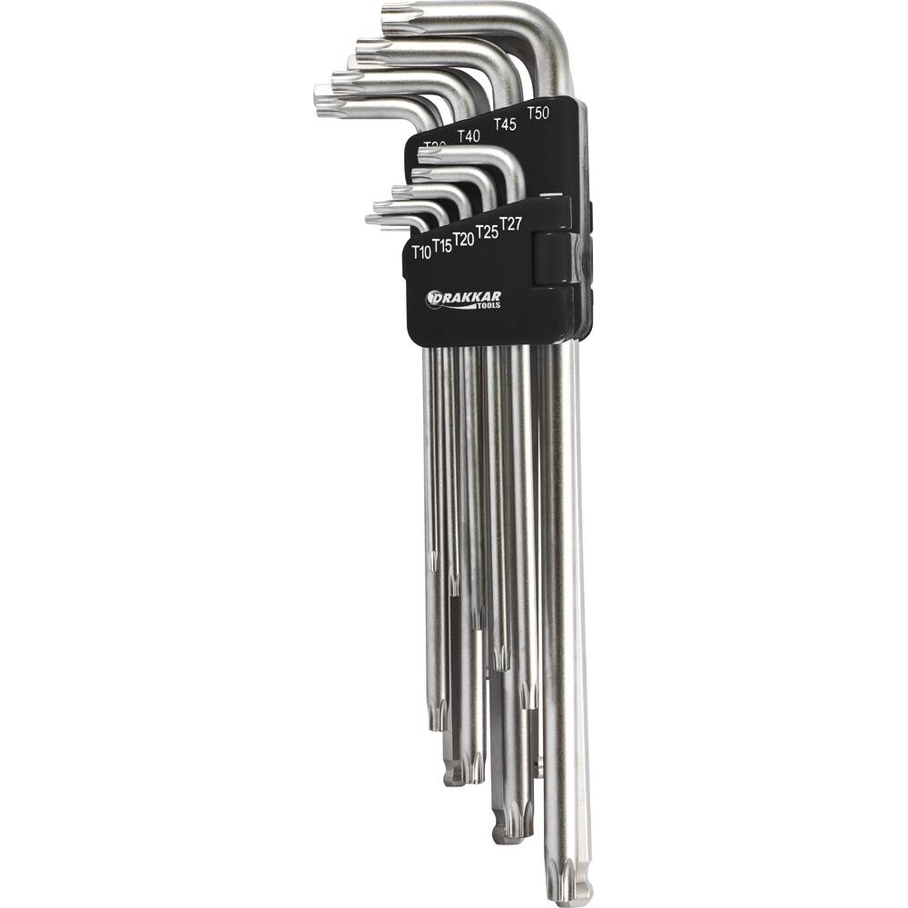 Clés mâles coudées extra longues hexagonales de 1,5 à 10mm et Torx de T10 à T50 - étui pivotant de 18 pcs DRAKKAR TOOLS - 68441