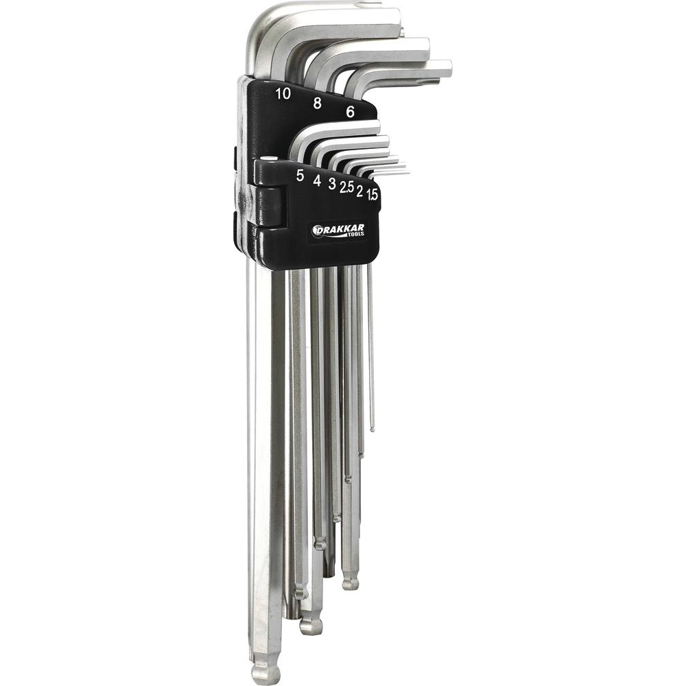 Clés mâles coudées extra longues hexagonales de 1,5 à 10mm et Torx de T10 à T50 - étui pivotant de 18 pcs sur carte DRAKKAR TOOLS - 68442