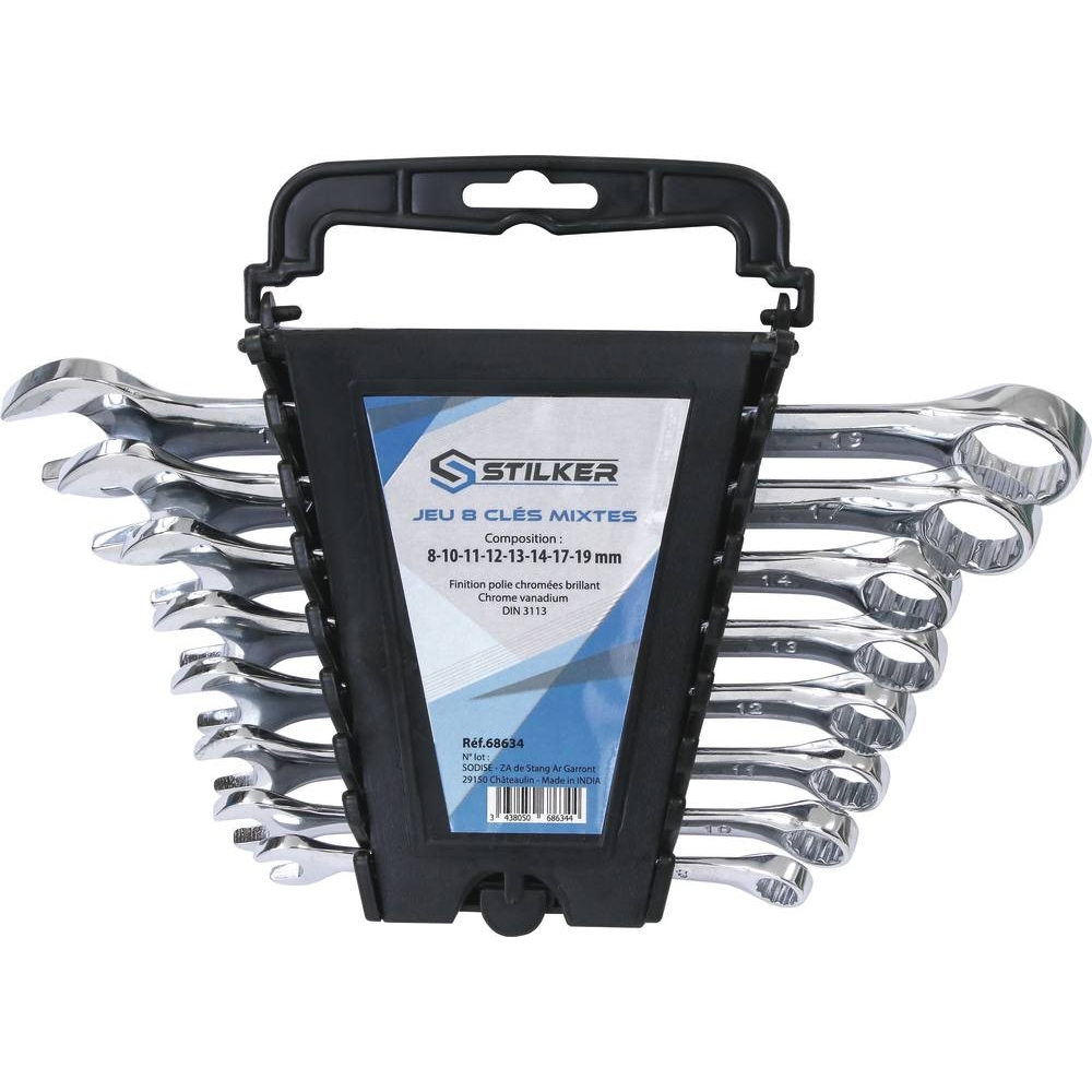 Clés mixtes de 8 à 19mm full polish - présentoir de 8 pcs STILKER - 68634