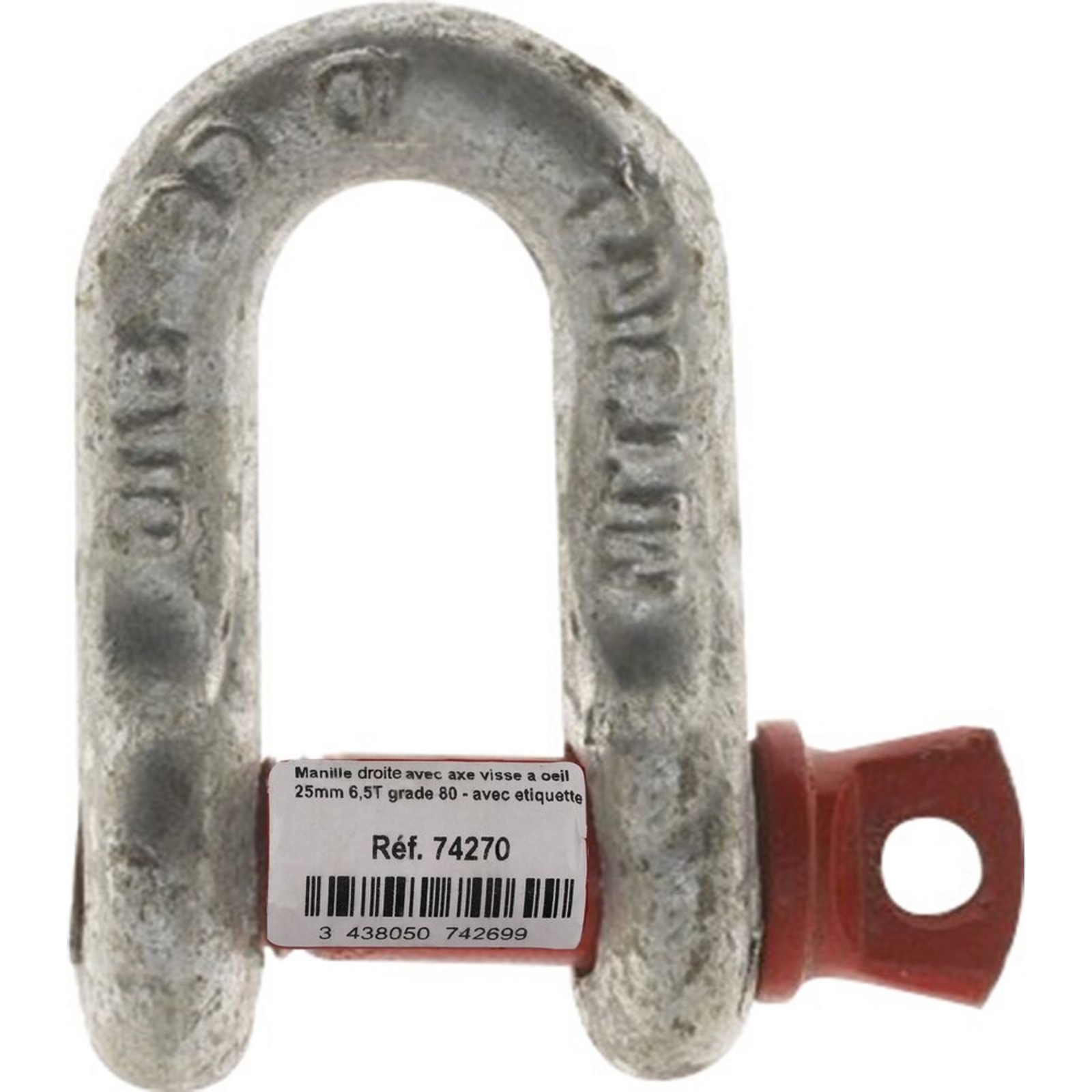 Manille droite avec axe vissé à œil 25mm 6,5T grade 80 - avec étiquette UNIVERSEL - 74270