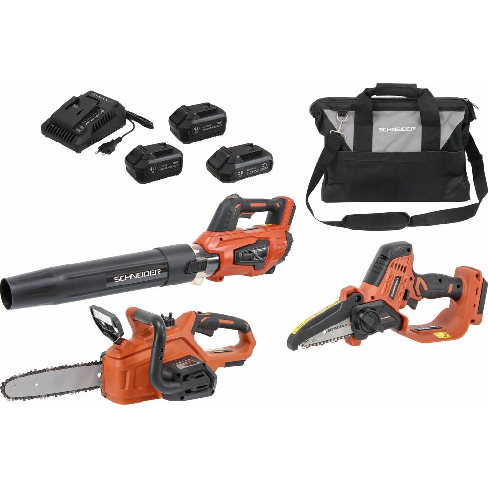 Pack 20V souffleur de jardin, élagueuse sur batterie - 10cm, tronçonneuse - 2 batteries Li-ion 4Ah - 1 batterie 2Ah SCHNEIDER ELECTRO - 83583