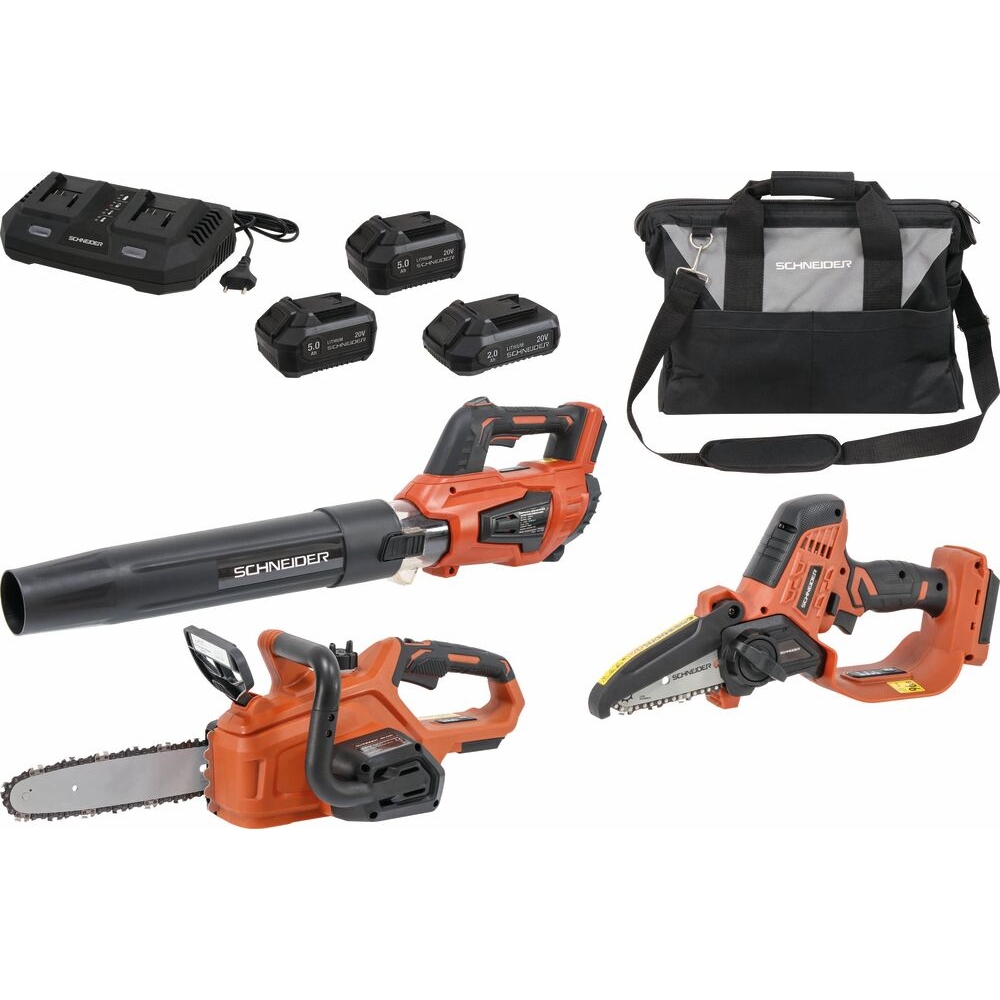 Pack 20V souffleur de jardin, élagueuse sur batterie - 10cm, tronçonneuse - 2 batteries Li-ion 5Ah - 1 batterie Li-ion 2Ah SCHNEIDER ELECTRO - 83586