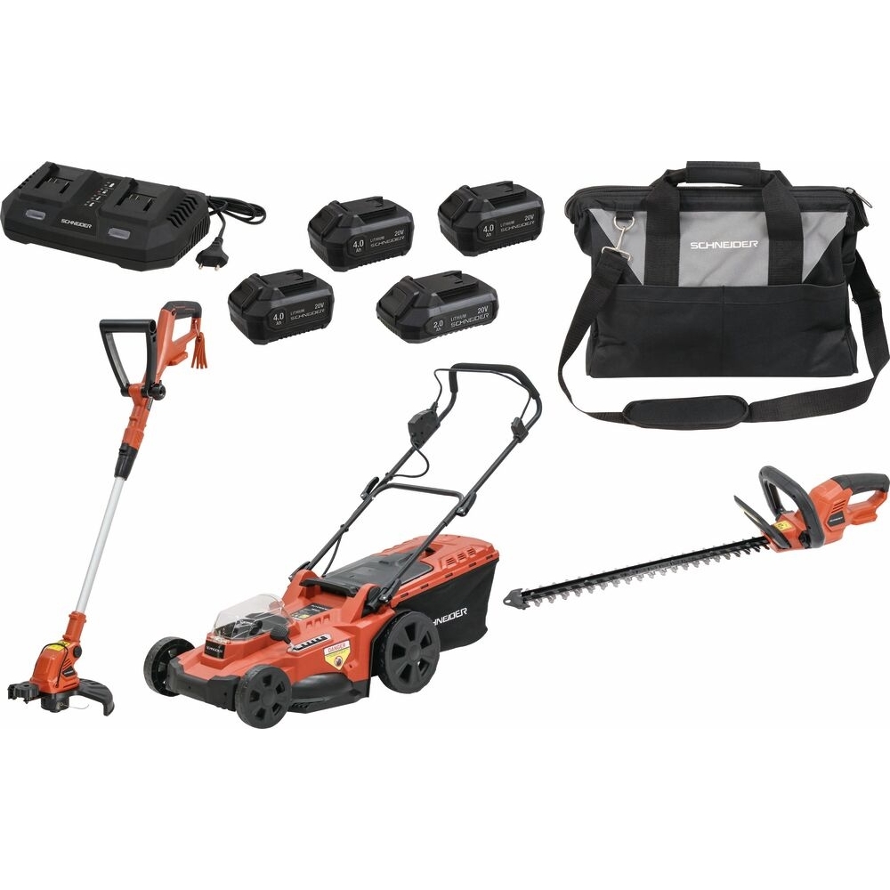 Pack coupe bordure 20V + taille haie 18V  + tondeuse + 3 batt 4Ah + 1 batt 2Ah - SCHNEIDER ELECTRO - 83587