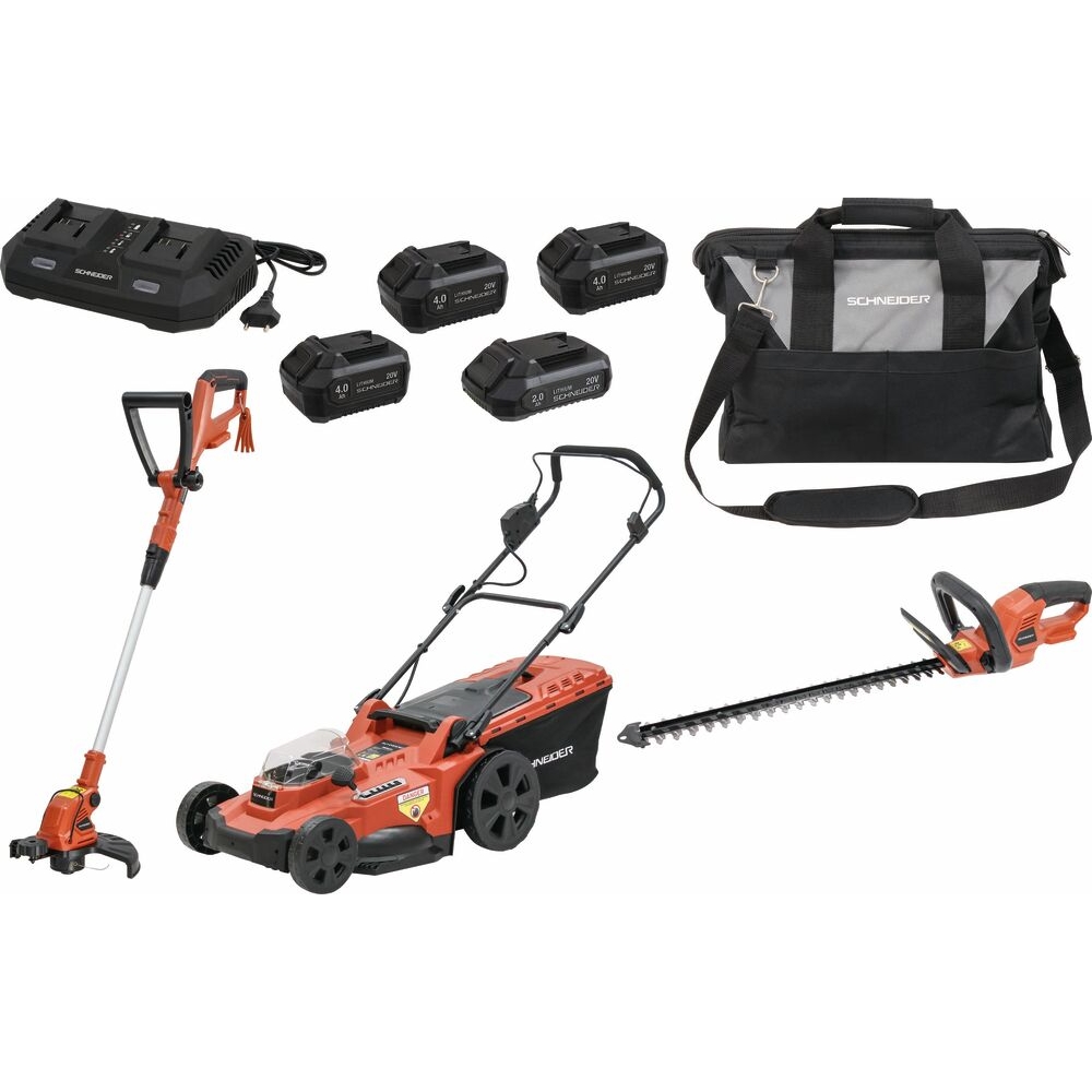 Pack 20V coupe bordure 250mm, taille haie sur batterie 18V 520mm, tondeuse sur batterie Ø 430mm - 3 batteries Li-ion 4Ah - 1 batterie Li-ion 2Ah SCHNEIDER ELECTRO - 83587