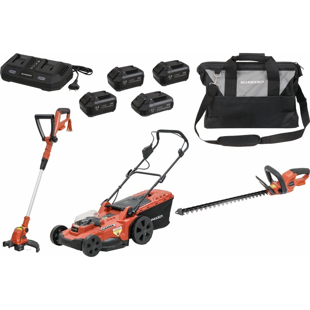 Pack 20V coupe bordure 250mm, taille haie sur batterie 18V 520mm, tondeuse sur batterie Ø 430mm - 3 batteries Li-ion 5Ah - 1 batterie Li-ion 2Ah SCHNEIDER ELECTRO - 83588