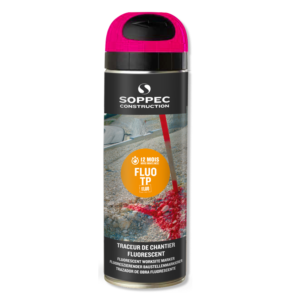 Bombe de peinture traceur de chantier SOPPEC fluo tp cerise 9-12 mois 500 ml 141525