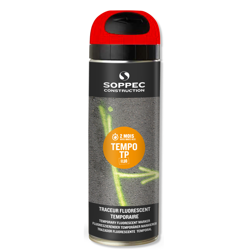 Bombe de peinture - Traceur de chantier SOPPEC rouge fluo temporaire 2-8 semaines - 141613