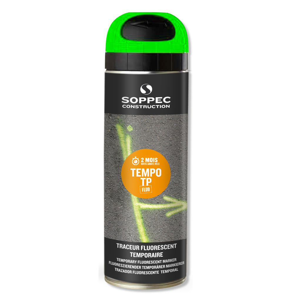 Bombe de peinture traceur de chantier SOPPEC vert fluo temporaire 2-8 semaines 141618
