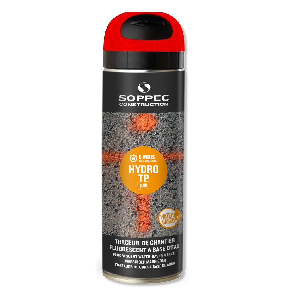 Bombe de peinture - Traceur de chantier SOPPEC rouge fluo en phase aqueuse hydro tp 6 mois - 142213
