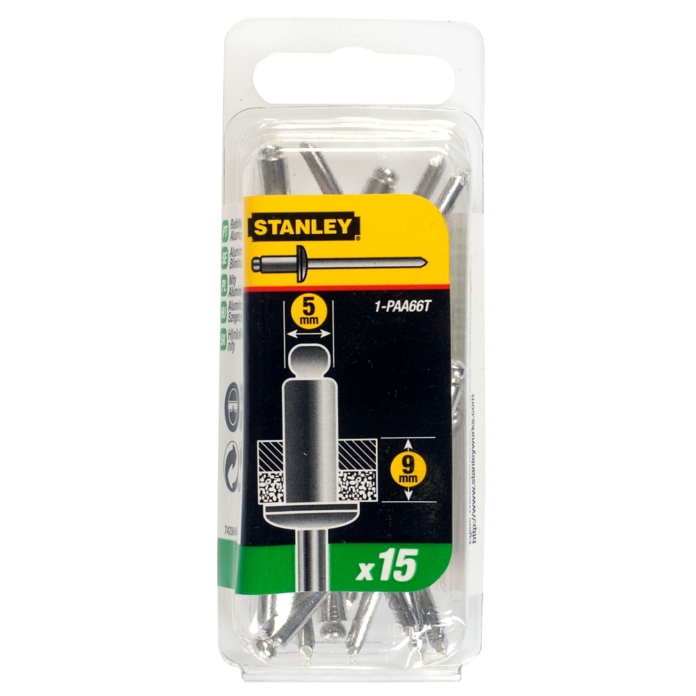 Rivets aluminium 5 mm x 9,5 - boite de 15 pièces - 1-PAA66T - STANLEY