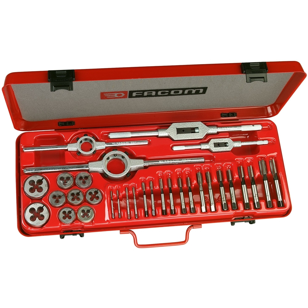 Composition d'outils de 18 tarauds - 9 filières et 4 porte outils - M3 à M12 - FACOM - 221.227J1