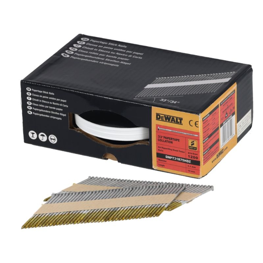 Pointes en bande papier 33° crantées galvanisées à chaud 3,1 x 75 mm - DNPT31R75HDZ - DEWALT