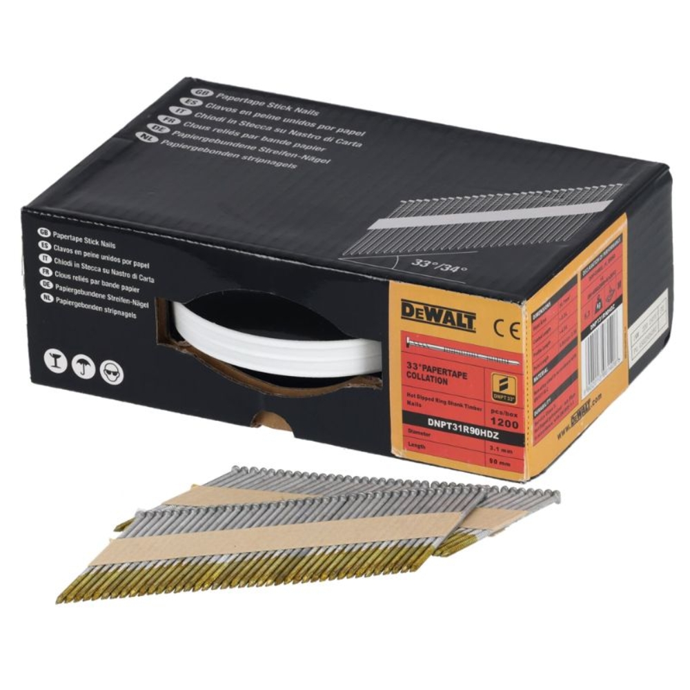 Pointes en bande papier 33° crantées galvanisées à chaud 3,1 x 90 mm - DNPT31R90HDZ - DEWALT