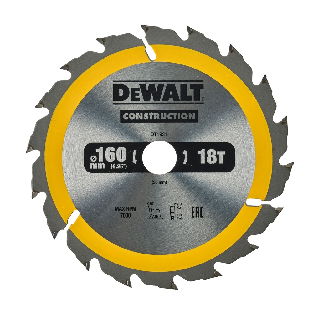 Lame de scie circulaire 160x20 mm 18 dents ATB/délignage angle d'attaque 20 - DT1931-QZ - DEWALT