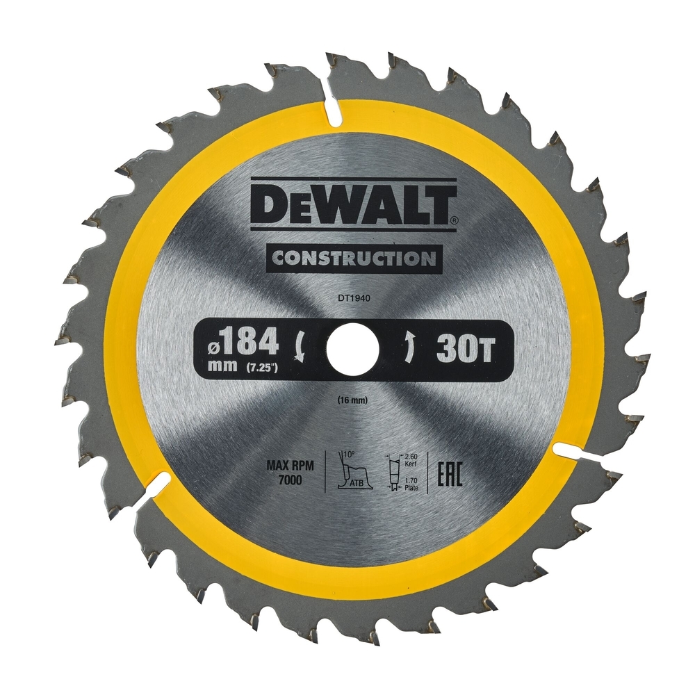 Lame de scie circulaire 184x16 mm 30 dents ATB/tronçonnage angle d'attaque 10 - DT1940-QZ - DEWALT