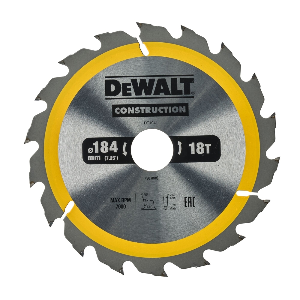 Lame de scie circulaire 184x30 mm 18 dents ATB/délignage angle d'attaque 20 - DT1941-QZ - DEWALT