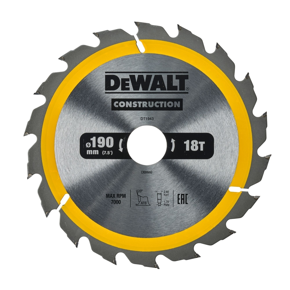 Lame de scie circulaire 190x30 mm 18 dents ATB/délignage angle d'attaque 20 - DT1943-QZ - DEWALT