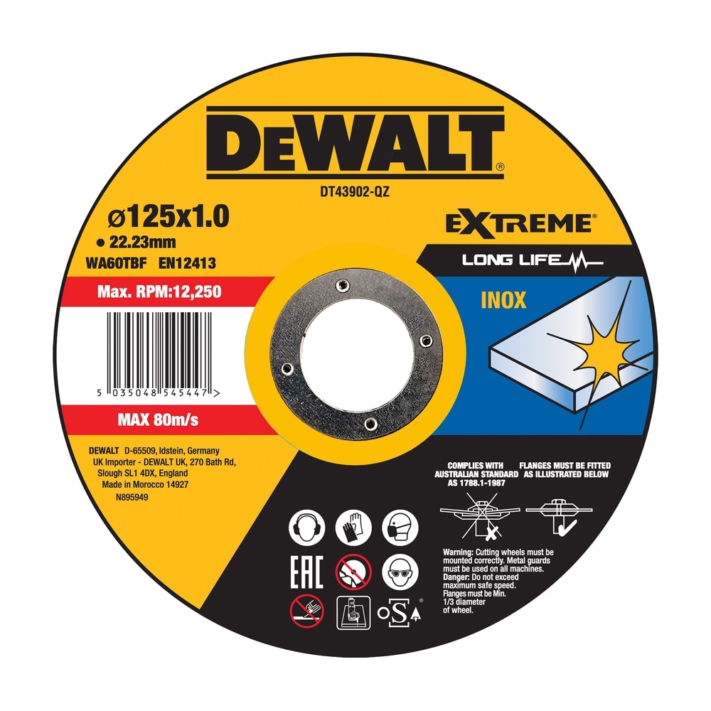 Disque à tronçonner l'inox 125 x 22,2 mm, épaisseur 1 mm, moyeu plat - DT43902-QZ - DEWALT