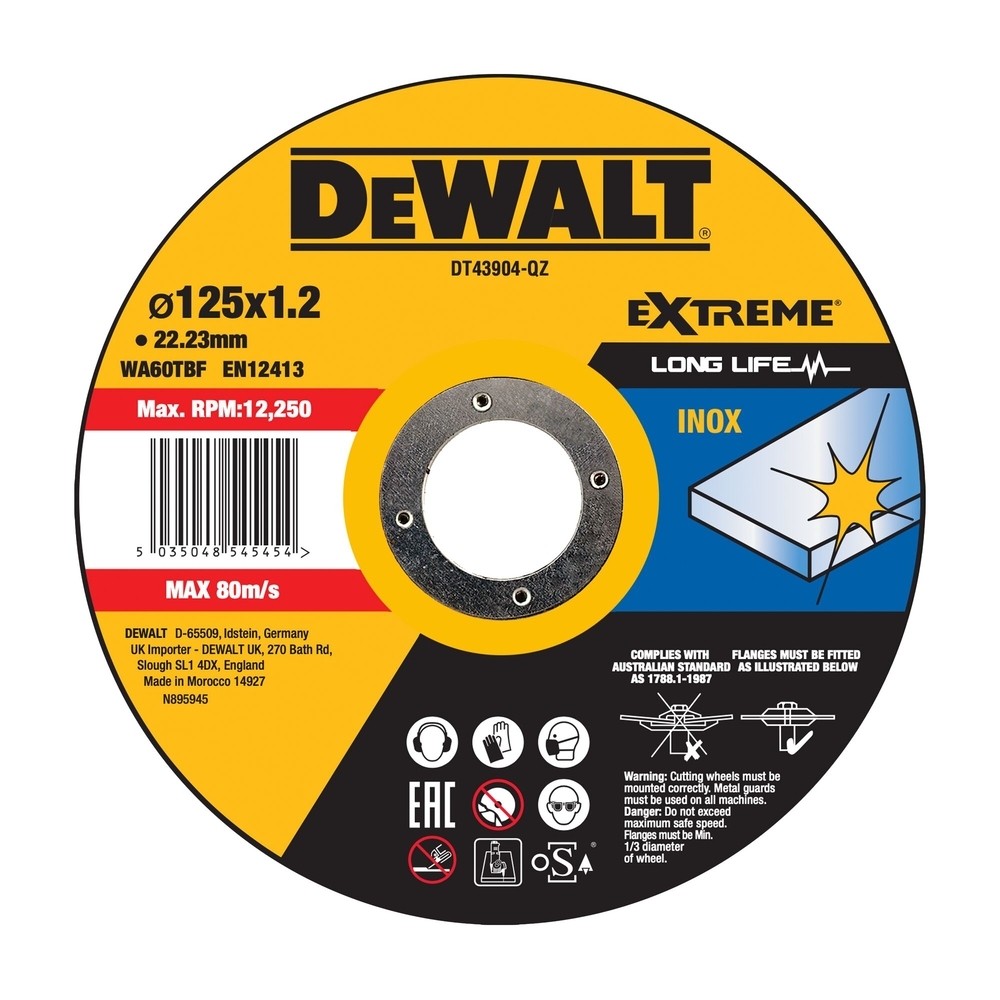 Disque à tronçonner l'inox 125 x 22,2 mm, épaisseur 1,2 mm, moyeu plat - DT43904-QZ - DEWALT